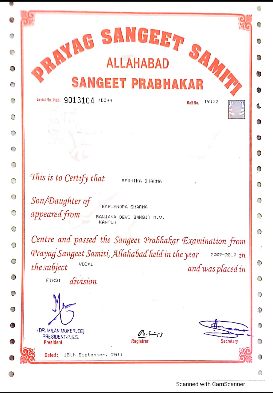 Sangeet Prabhakar Vocal Music Certificate